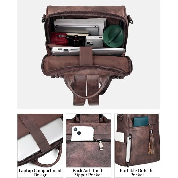 Women Coffee Brown Retro Style Backpack Designer 15.6 inch PU Leather Laptop Bag - Picture 4 of 10